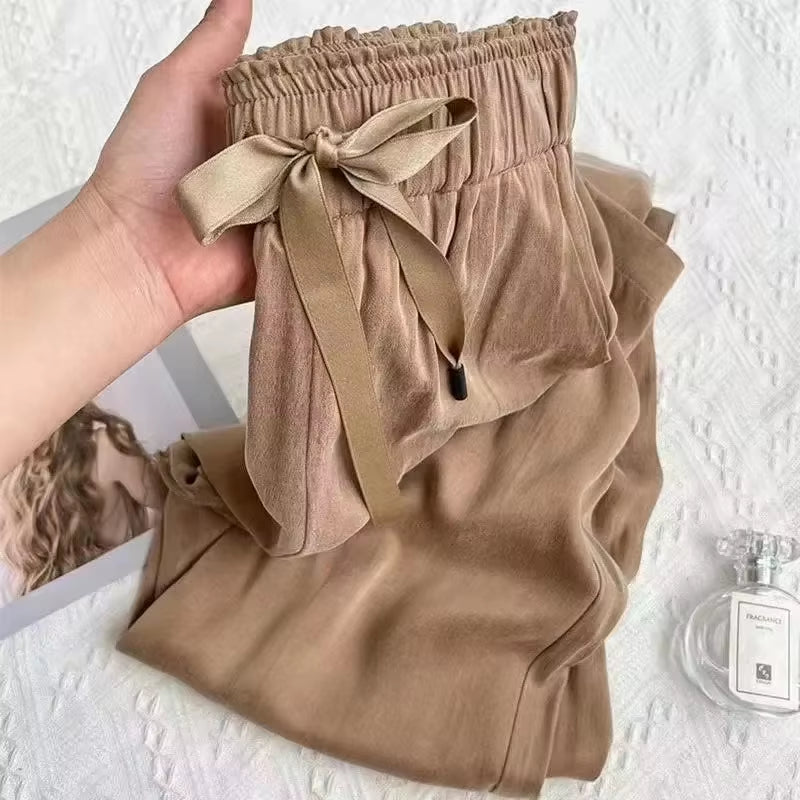 Acetic Acid Ice Silk Wide Leg Pants 2025 New Summer Thin Satin Casual Pants Women'S High Waisted Straight Leg Pants Long Trouser