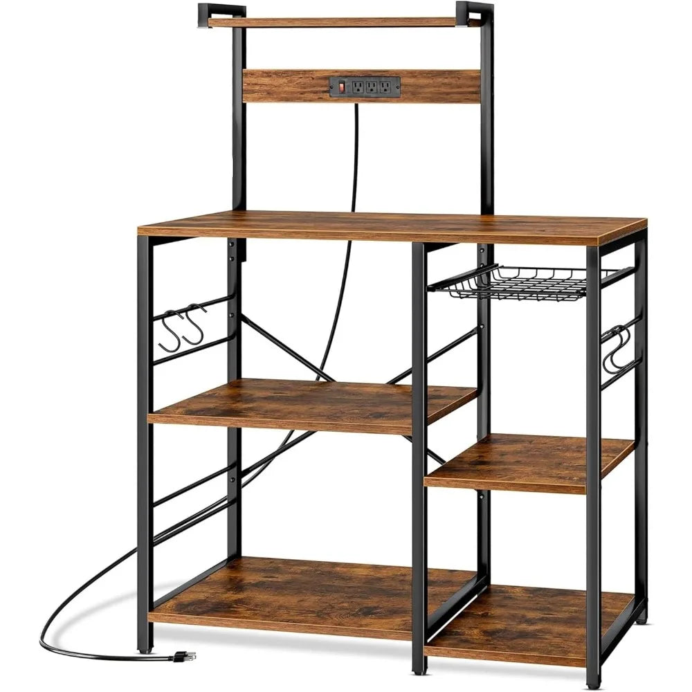 Kitchen Bakers Rack with Power Outlet & Hangers - 35.5X15.7X51.6 Kitchen Storage Rack Useful as Microwave Stand, Coffee Station