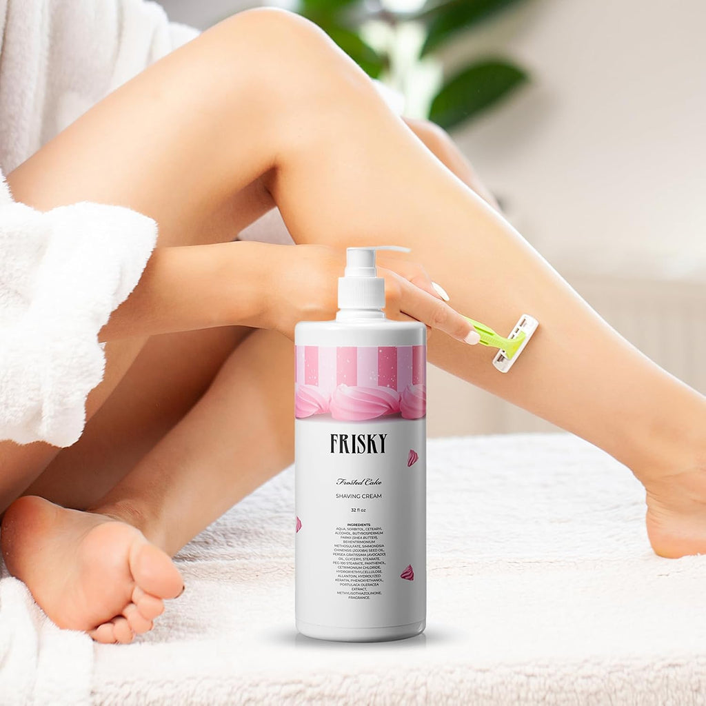Frisky Frosted Cake Shaving Cream for Women, 32 OZ - Rash-Free, Conditioner & Moisturizing with Shea Butter & Jojoba Seed Oil, Vanilla Scent Shave Cream, Sensitive Skin, Bikini, Armpit Body & Face