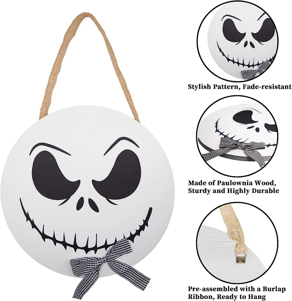 Halloween Decorations - 12'' Wooden Jack Skellington Door Hanger - Halloween Welcome Sign for Front Door - Halloween Wreath - Farmhouse Halloween Decor