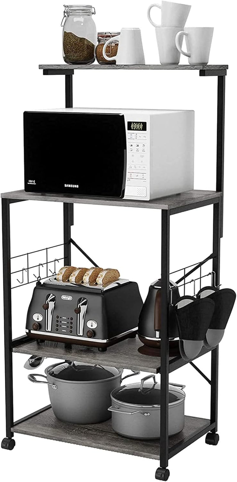 Bakers Rack Microwave Stand Rolling Cart on Wheels with Oven Mitts and 10 Side Hooks Kitchen Island with Storage Shelf Kitchen Organizer 4 Tier Shelves (Rustic Brown, Gray Duck Mitts)