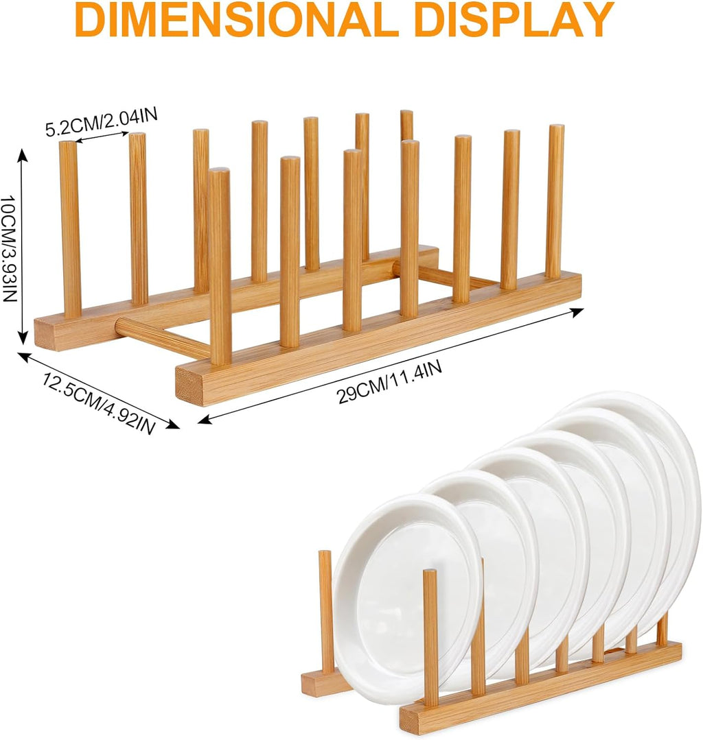 Bamboo Wooden Dish Racks Plate Stand Holder Vertical Drainer Kitchen Cabinet Organizer for Dish, Pots, Lids, Bowls, Cups, and Cutting Boards and Books(2 Packs)