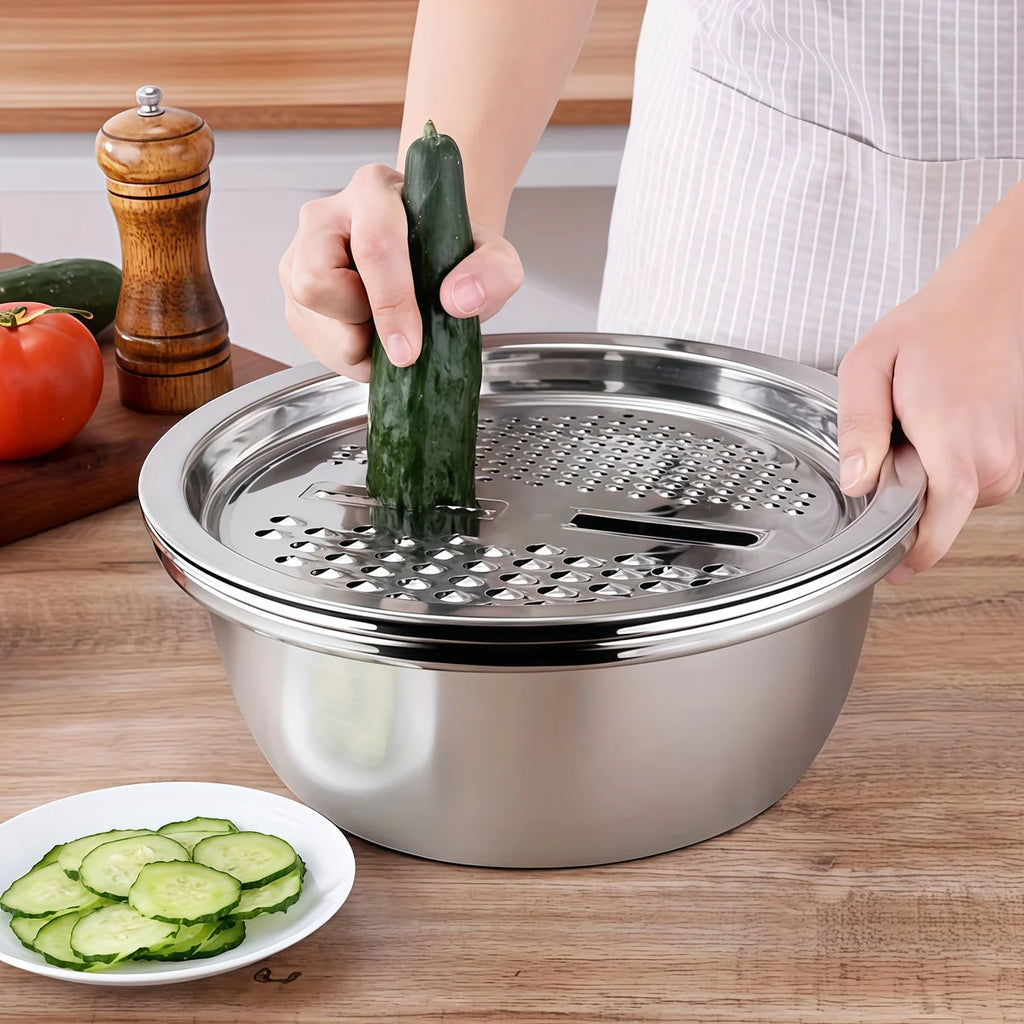 Stainless Steel 3-In-1 Vegetable Strainer Slicer Cutter Graters Drain Basket Salad Maker Bowl Kitchen Accessory Tool