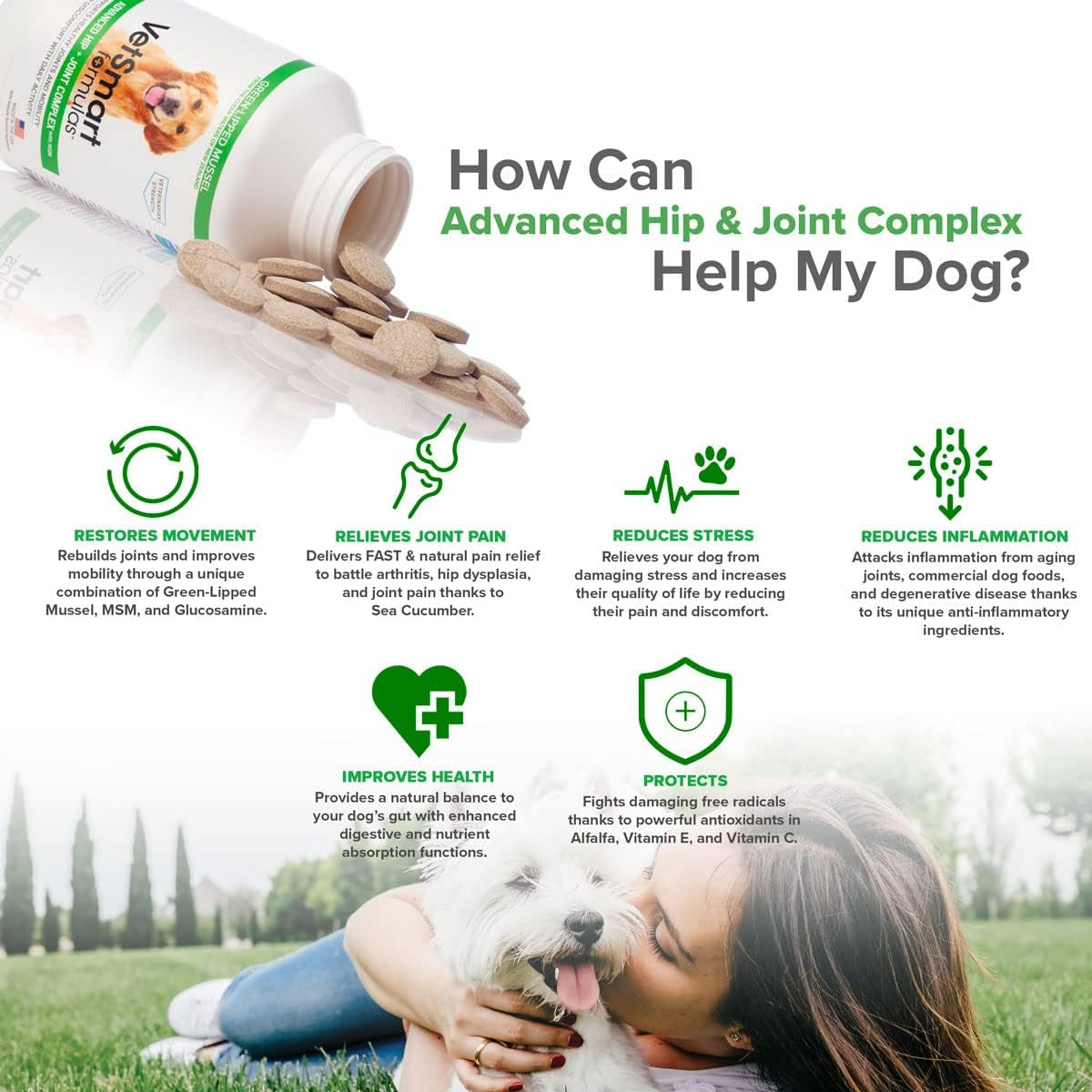 Advanced Hip & Joint Tablets with MSM & Green Lipped Mussels - Provides Relief of Dog Joint Pain - 100% Natural Pain Relief