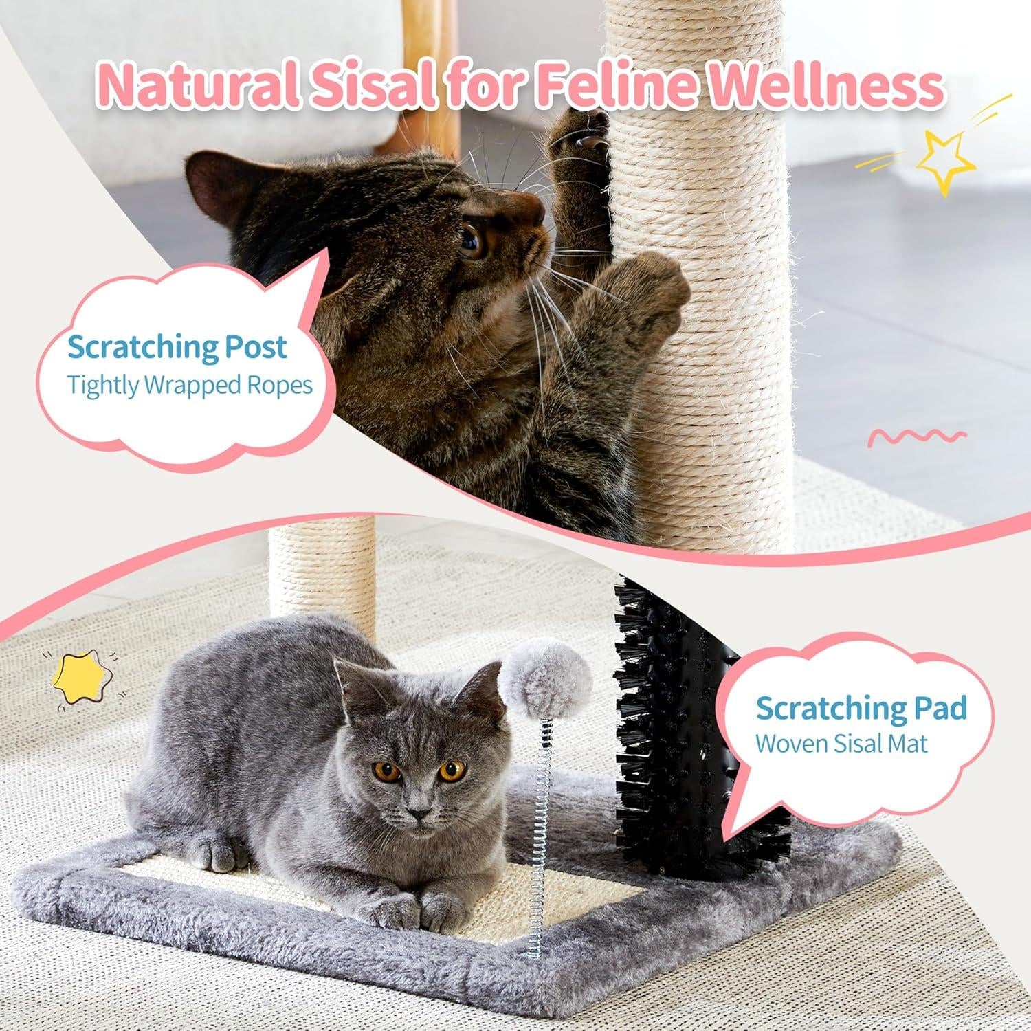 Small 4-In-1 Cat Tree Tower with Self-Grooming Brush and Natural Sisal Scratching Post, Soft Plush Cat Bed and Hanging Ball, Suitable for Indoor Kittens