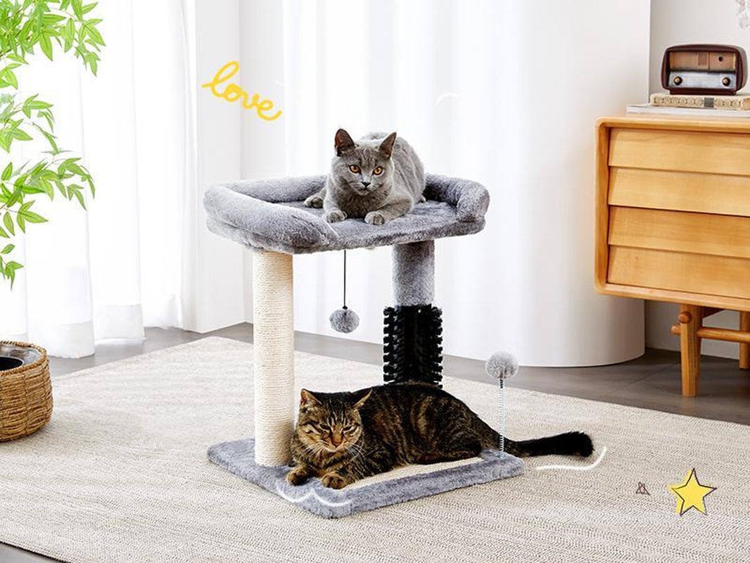 Small 4-In-1 Cat Tree Tower with Self-Grooming Brush and Natural Sisal Scratching Post, Soft Plush Cat Bed and Hanging Ball, Suitable for Indoor Kittens