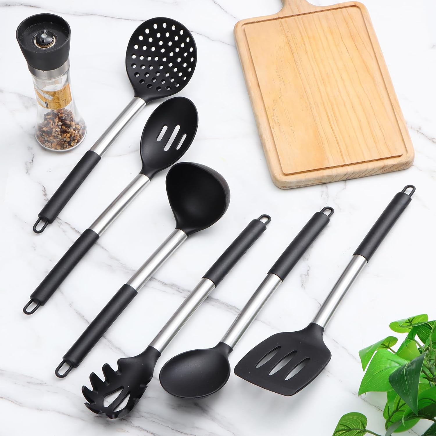 Silicone Kitchen Utensils Set -  6-Pieces Black Silicone Cooking Utensils Set for Nonstick Cookware - Stainless Steel Handle