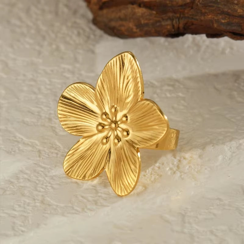 Trendy High Quality 18K Gold Plated Stainless Steel Flower Earrings Ring Bracelet for Women Waterproof Jewelry Set Gifts
