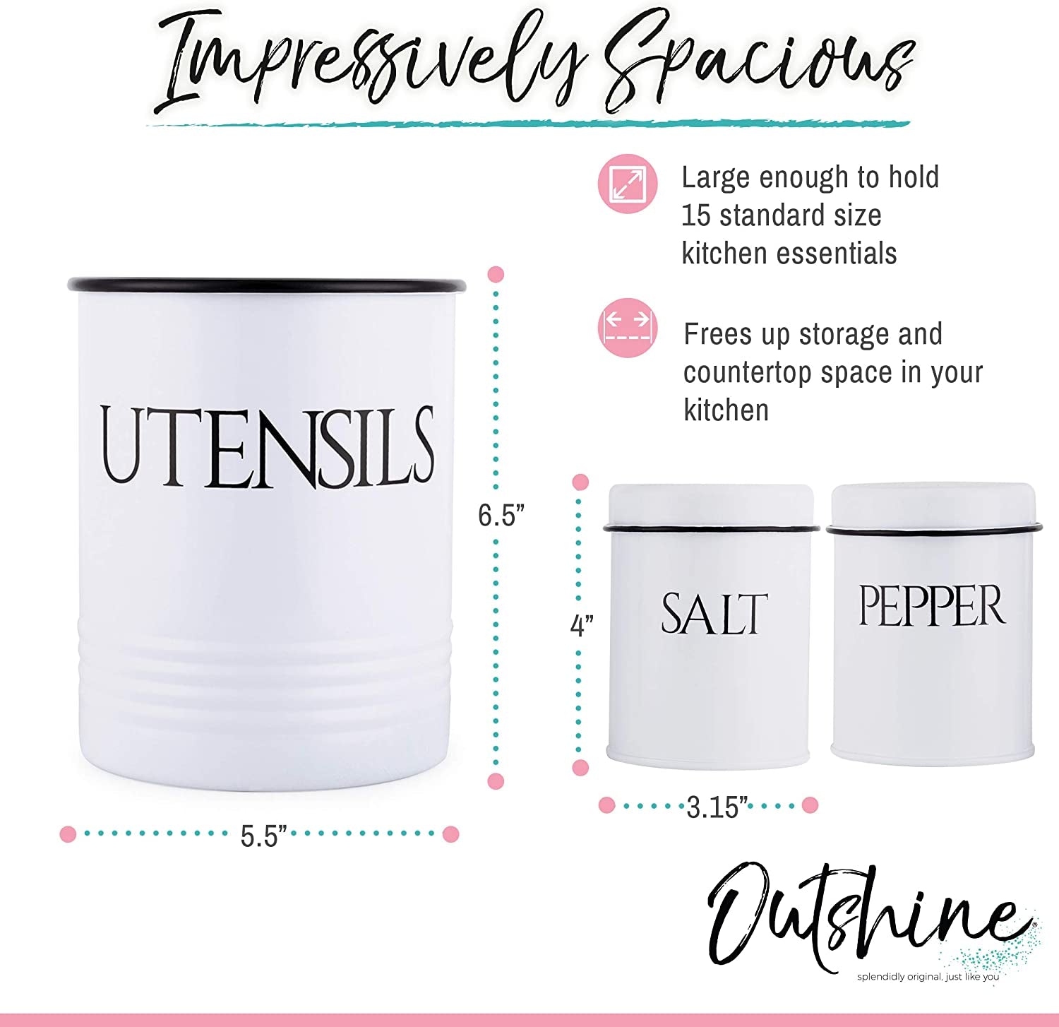 Large Kitchen Utensil Holder and Farmhouse Decor with Matching Salt and Pepper Shakers, White | Chic Vintage Cooking Utensils Holder | Ideal Gift for Women, Wife, Mom, Girlfriend