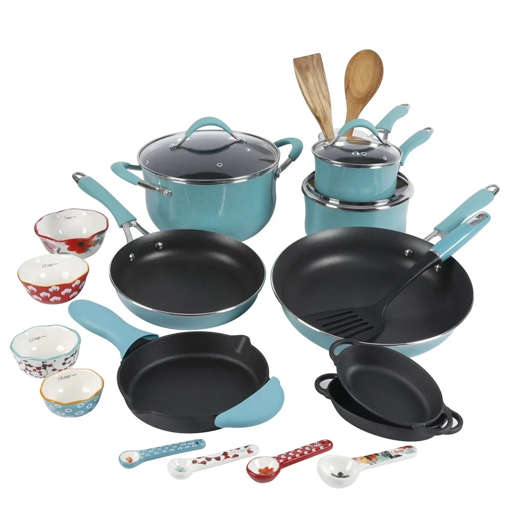 24-Piece Aluminum Cookware Set Nonstick Ceramic Measuring Cups Spoons Cast Iron Skillet Utensils Kitchen Essentials Cooking Set