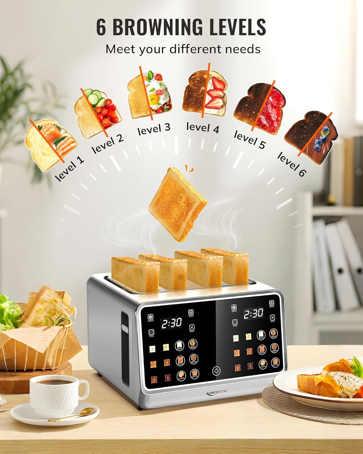 Toaster 4 Slice, Digital Smart Toaster with Touchscreen, Dual Control Panel, Single Slot Toasting, Timer, Reheat & Defrost for Bagels, Bread, Waffles, Stainless Steel Kitchen Essentials