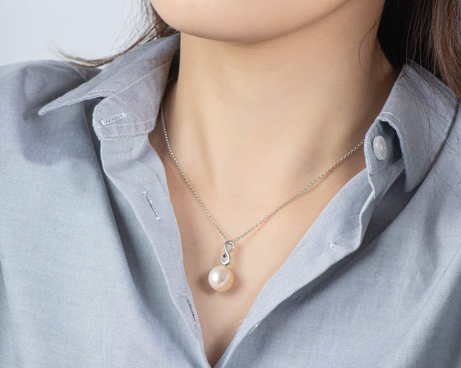 Pearl Necklace,Freshwater Cultured White Pearl Infinity Pendant Sterling Silver Necklace for Women Jewelry Gift for Mom Mama Mother Day(Size:9-10Mm)