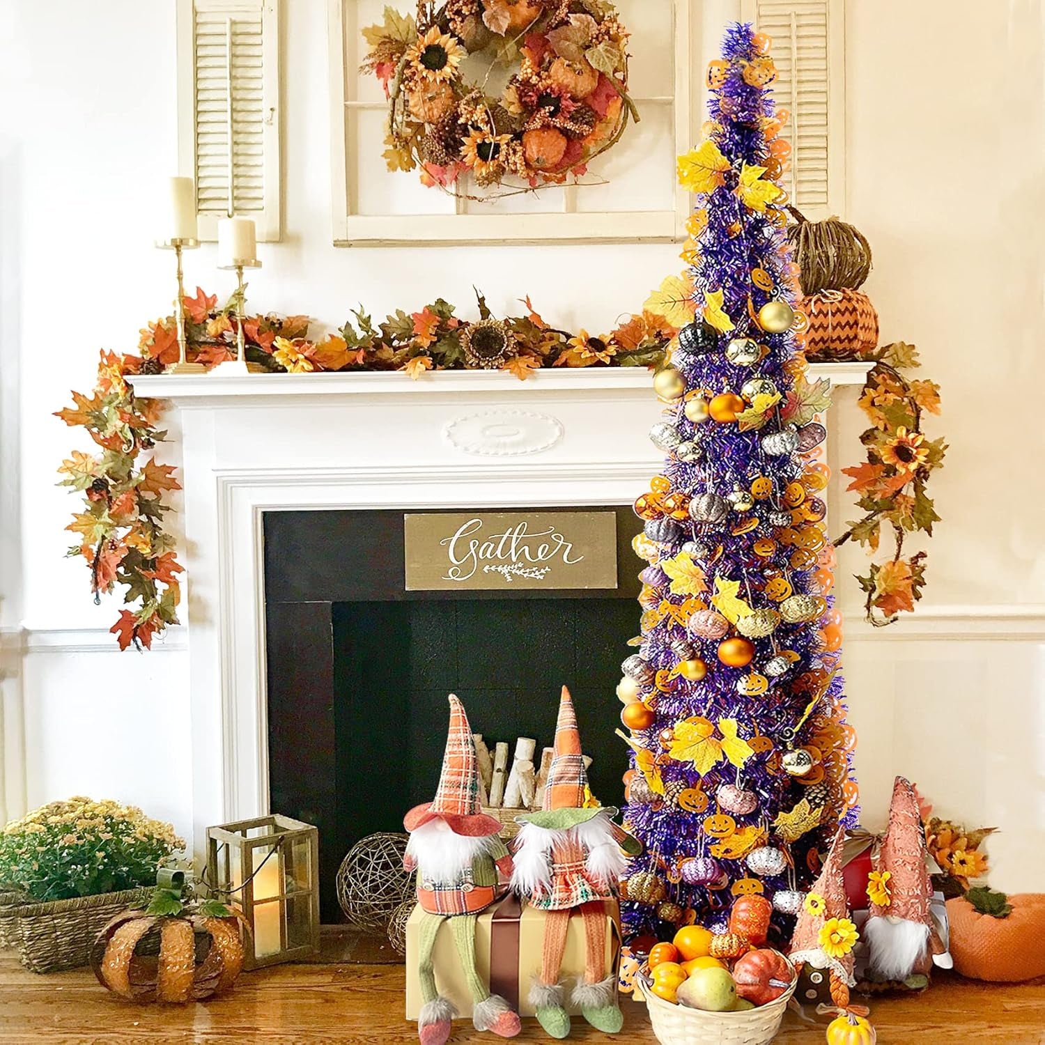 5' Purple Tinsel Pop-Up Artificial Halloween Christmas Tree, Decoracted Halloween Pumpkin Sequins,Collapsible Pencil Halloween Christmas Trees for Halloween Christmas Decoration