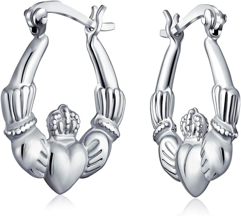 BFF Love Lightweight Sparkling Diamond-Cut Angel Wings Heart Celtic Claddagh Hoop Earrings for Women Teen Gold Plated .925 Sterling Silver Diameter .5-1 Inch