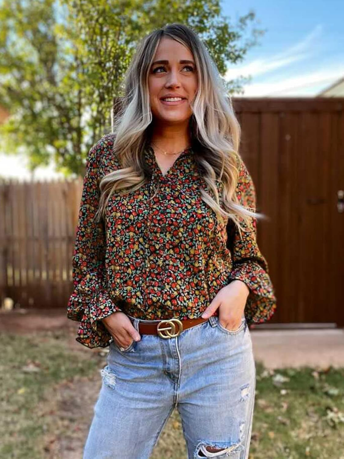 Long Sleeve Blouses for Women Casual Boho Floral Printed V Neck Shirts Button Ruffle Fashion Fall Winter Tops