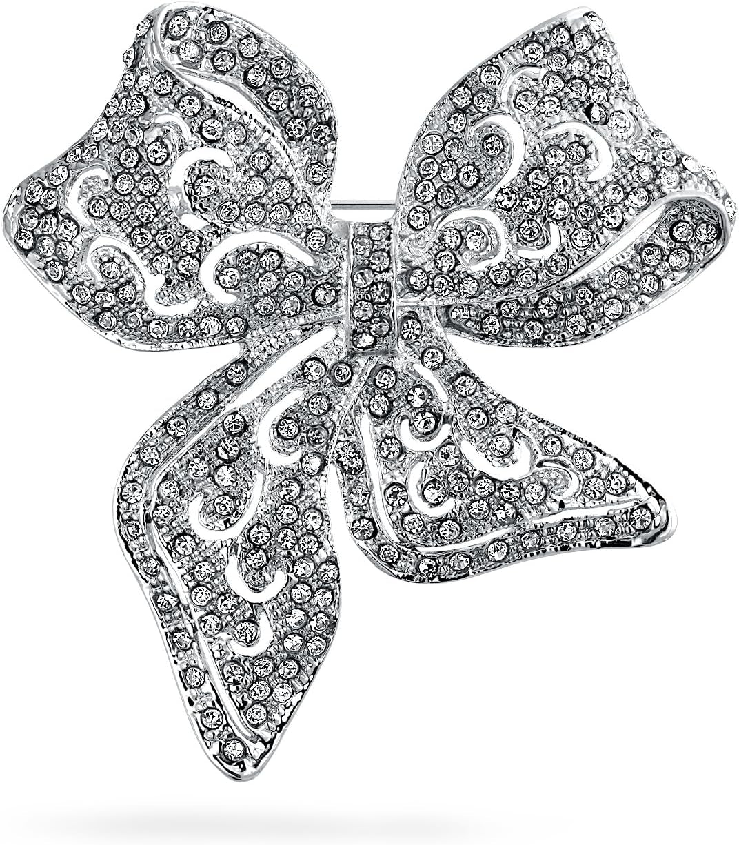 Victorian Vintage Style Winter Wedding Holiday Royal Blue White Glittering Crystal Pave Bridal Fashion Large Statement Filigree Ribbon Bow Scarf Brooch Pin for Women Silver Rose Plated