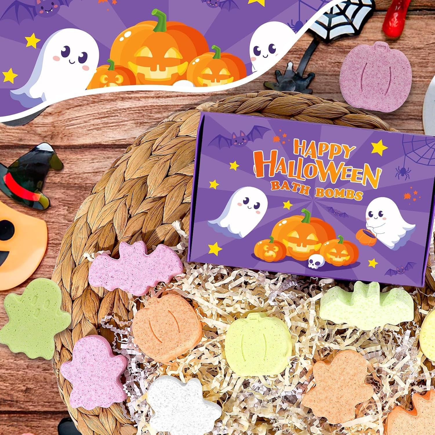 Halloween Bath Bombs - 12Pcs Natural Organic Bubble Bath with Spooky Pumpkin Bat for Kids, Party Favors and Goodie Bag Fillers