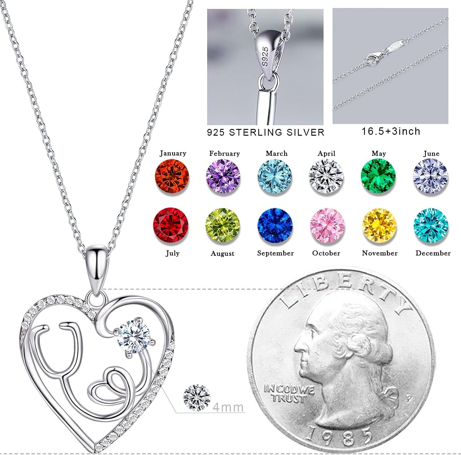 925 Sterling Silver Heart Necklace 14K Gold or Rose Gold Nurse Birthstone Necklace Stethoscope Necklaces for Doctor Medical Student RN for Festival or Holiday