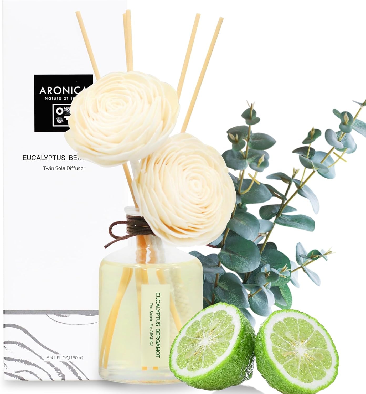 Twin Sola Diffuser 160Ml_Eucalyptus and Bergamot Scent Sticks, Premium Organic Essential Oil Reed Diffuser, Housewarming Wedding Registry Essentials Bedroom Gifts