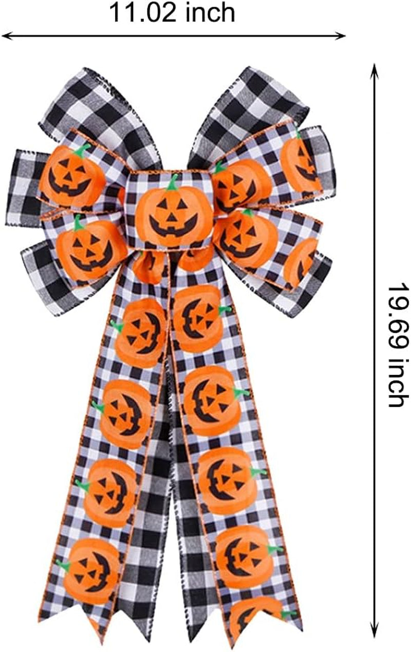 Halloween Wreath Bows Large Halloween Burlap Bow Tree Topper Black Buffalo Plaid Pumpkin Pattern Gift Bow for Halloween Party Holiday Decorative Bows Home Indoor Outdoor Ornaments
