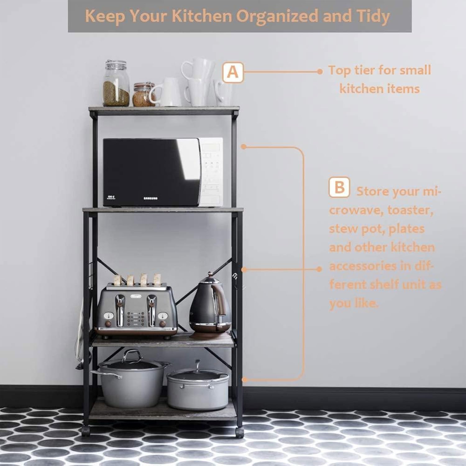 Bakers Rack Microwave Stand Rolling Cart on Wheels with Oven Mitts and 10 Side Hooks Kitchen Island with Storage Shelf Kitchen Organizer 4 Tier Shelves (Rustic Brown, Gray Duck Mitts)