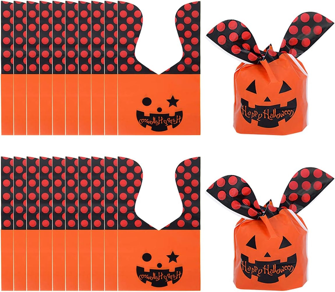 50 Pcs Halloween Candy Bag,Trick or Treat Bags Gift Basket for Kids,Pumpkin Ghost Happy Halloween Cookies Plastic Candy Bags for Halloween Party Decoration Favors