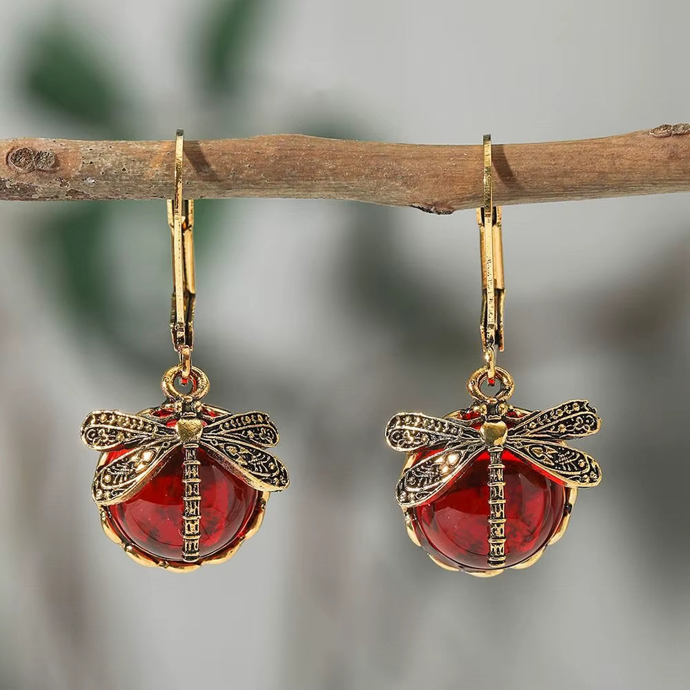 Metal Dragonfly Pendant Earrings Creative Carving Pattern Vintage Drop Earrings Inlaid Moonstone Drop Earrings Women