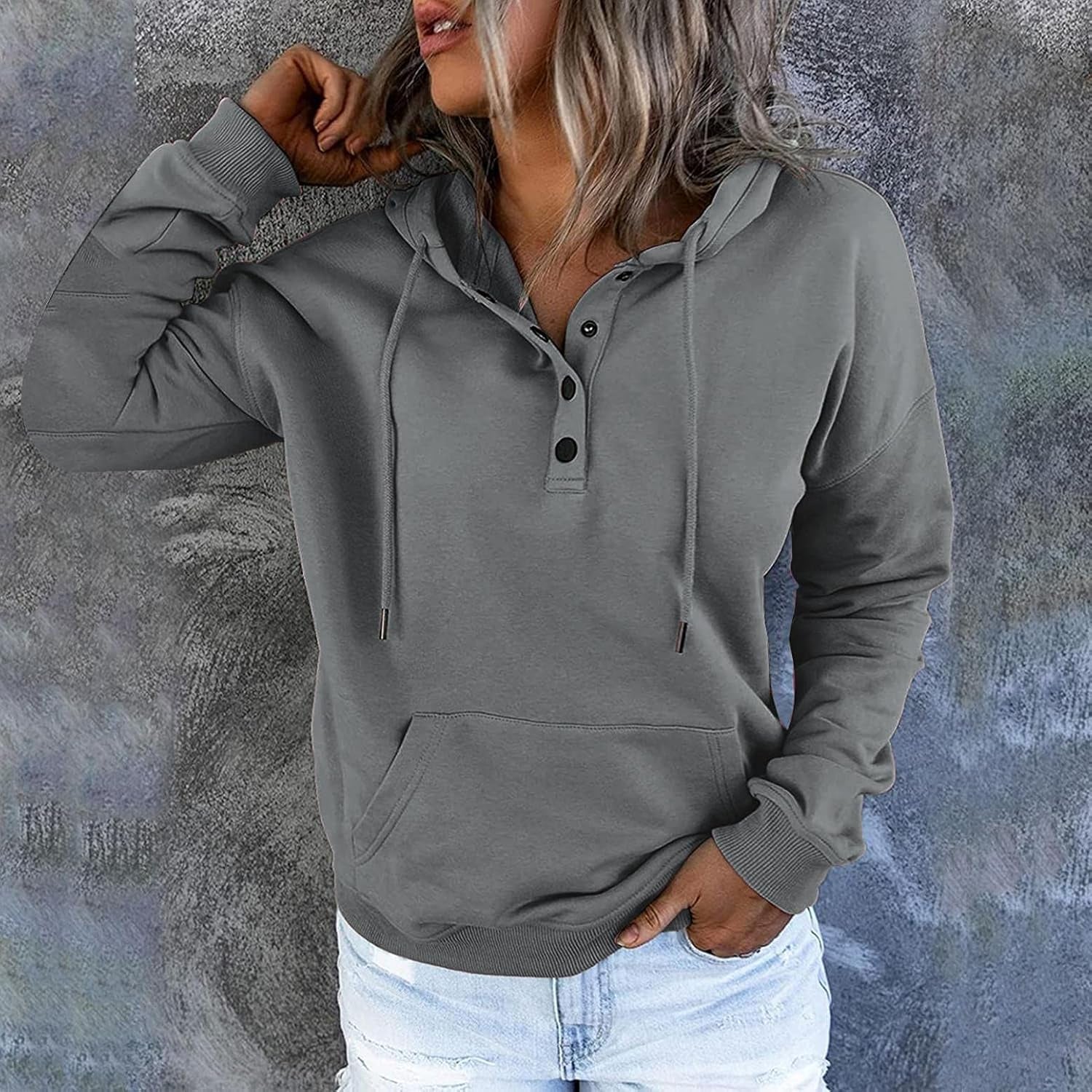 Hoodies for Women Pullover Graphic, Womens Sweatshirt with Pockets Solid Color Casual Long Sleeve Drawstring Pullover Tops Blouse Fall Gray