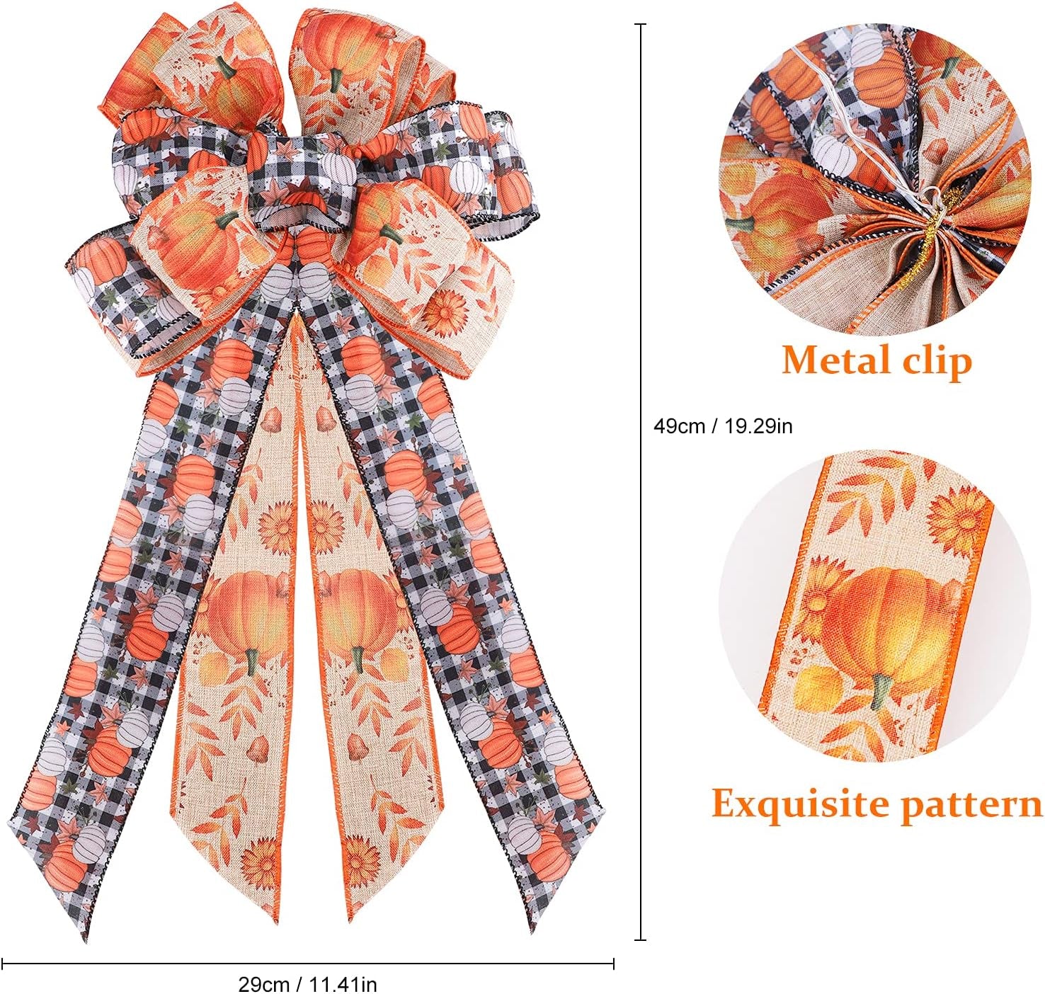 Halloween Wreath Bow Large Topper Bow Orange Pumpkin Pattern Black White Buffalo Plaid Bow Rustic Bowknot Ornaments Decorative Gift Bow for Halloween Party Home Wedding Thanksgiving Party Favor Decor