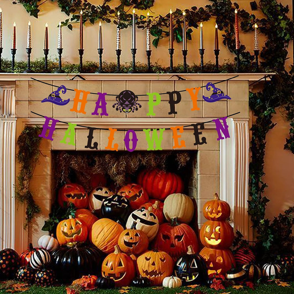 Happy Halloween Banner with Witch Spider Sign Halloween Party Decorations for Haunted Houses Doorways Home Outdoor Indoor Party Decor