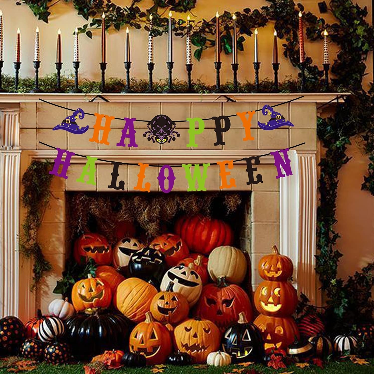 Happy Halloween Banner with Witch Spider Sign Halloween Party Decorations for Haunted Houses Doorways Home Outdoor Indoor Party Decor