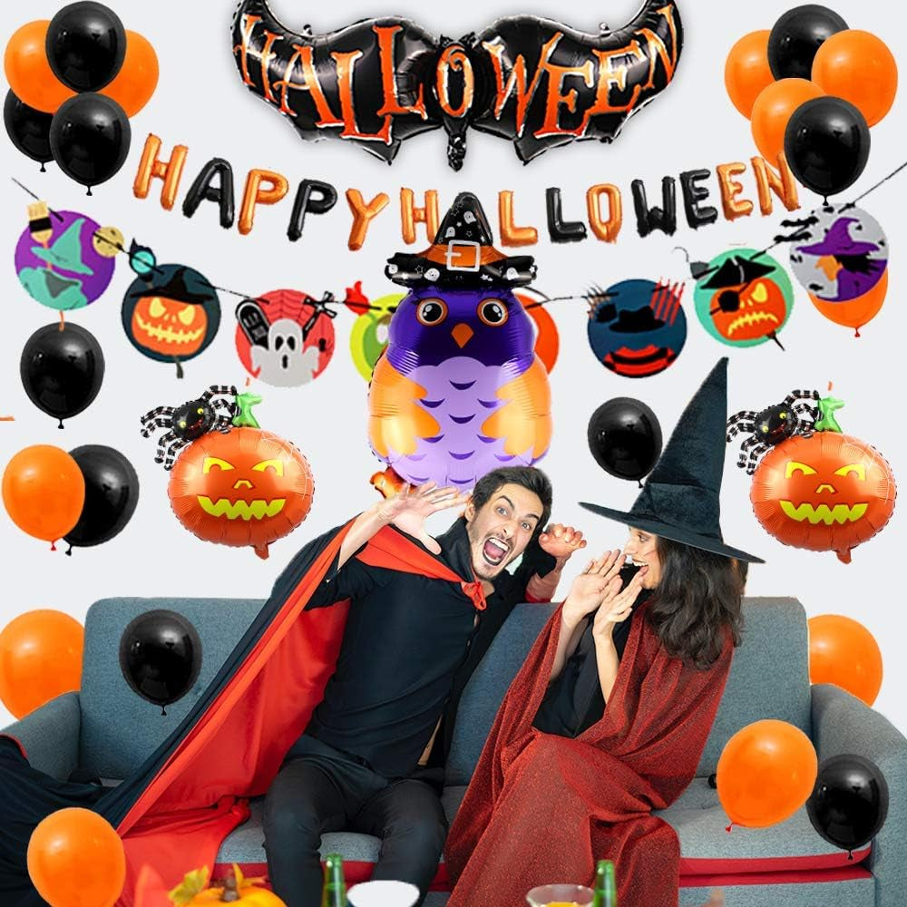 Halloween Party Decorations Include Happy Halloween Banner, Skeleton Pattern Bunting, Latex Balloons, Aluminum Foil Balloons, Bat Pumpkin Spider and Owl Wizard (47Pcs)