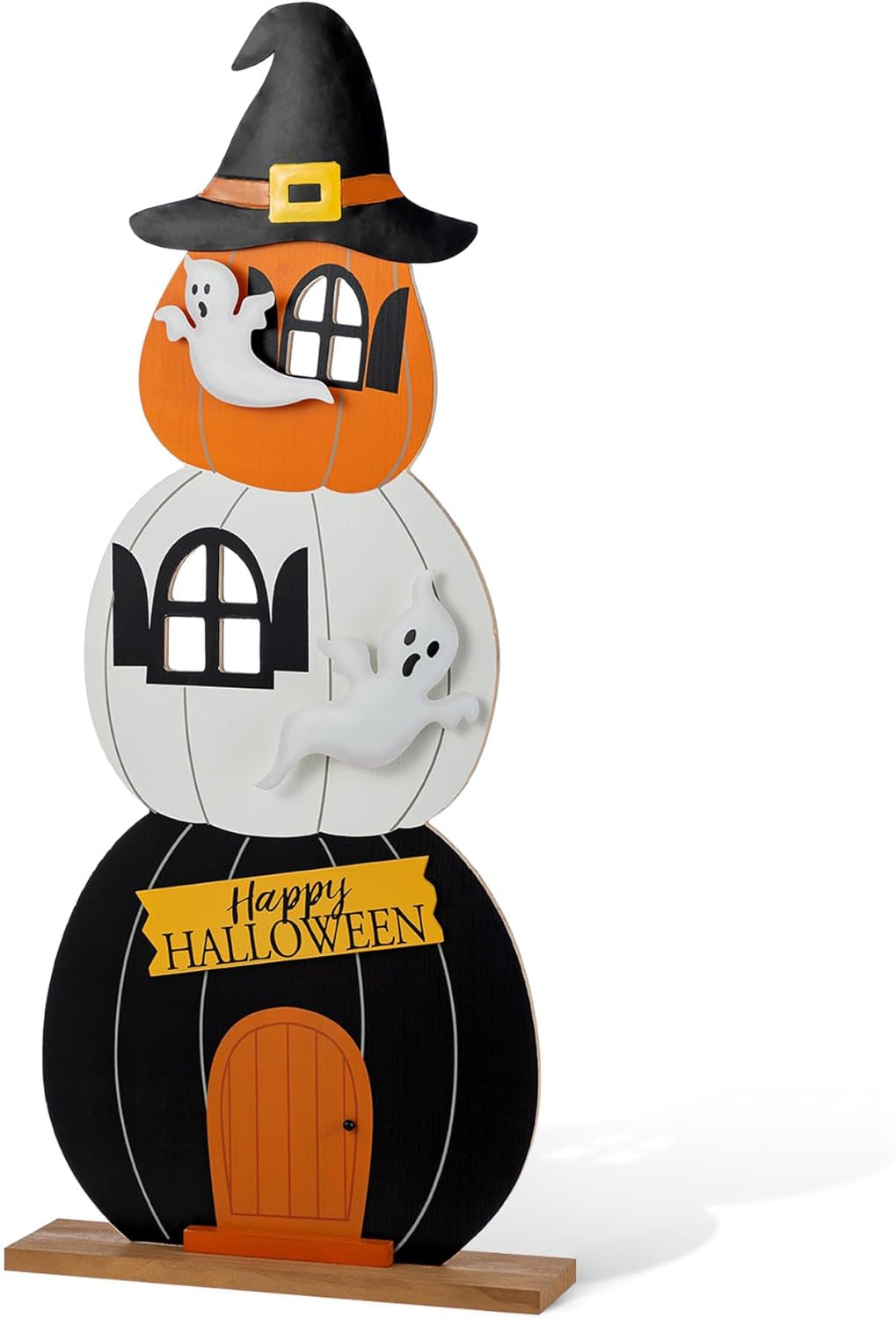 35"H Halloween Wooden Pumpkin Haunted House Porch Decor - Stacked Pumpkin with Witch Hat, Ghosts & Happy Halloween, Detachable Base for Easy Storage, Halloween Porch Sign Front Door Decor
