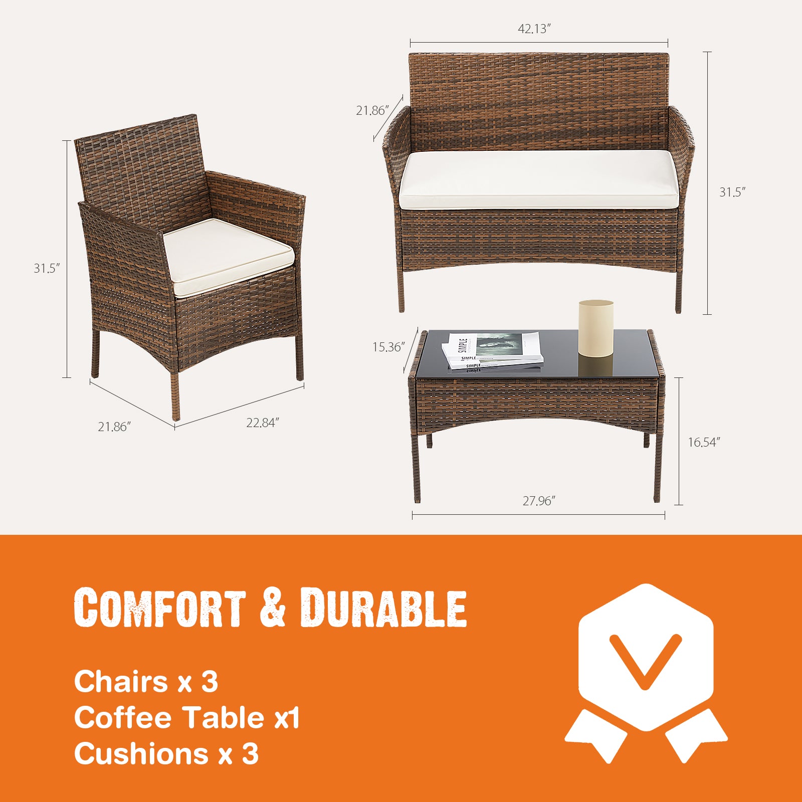 Patio Furniture Set 4 Pieces, Outdoor Furniture with Glass Table, Weaving Wicker Rattan Patio Chairs for Garden, Terrace, Porch, Lawns