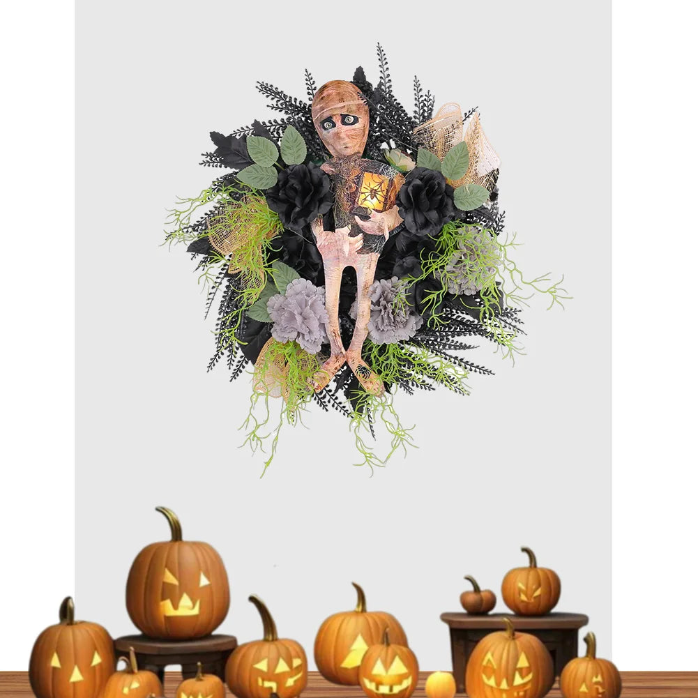Halloween Mummy Wreath Window Hanging Ornament Spooky Halloween Scary Mummy Welcome Wreath Sign for Halloween Decorations