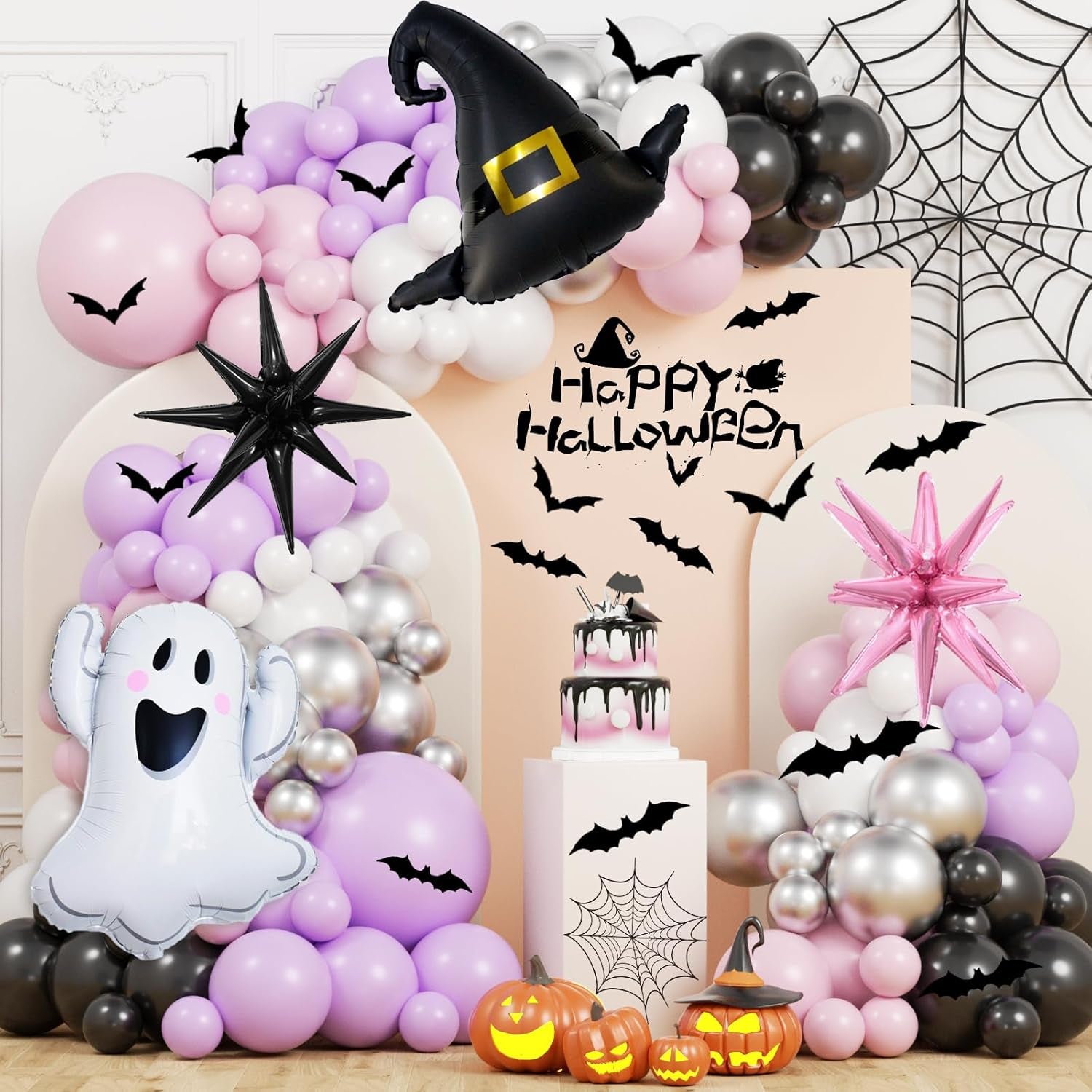 Pink Halloween Balloon Garland Arch Kit, 176Pcs Pink Purple Decor with Ghost Spooky Starburst Foil Balloons, Bat Stickers for Birthday Baby Shower Party Decorations for Girls