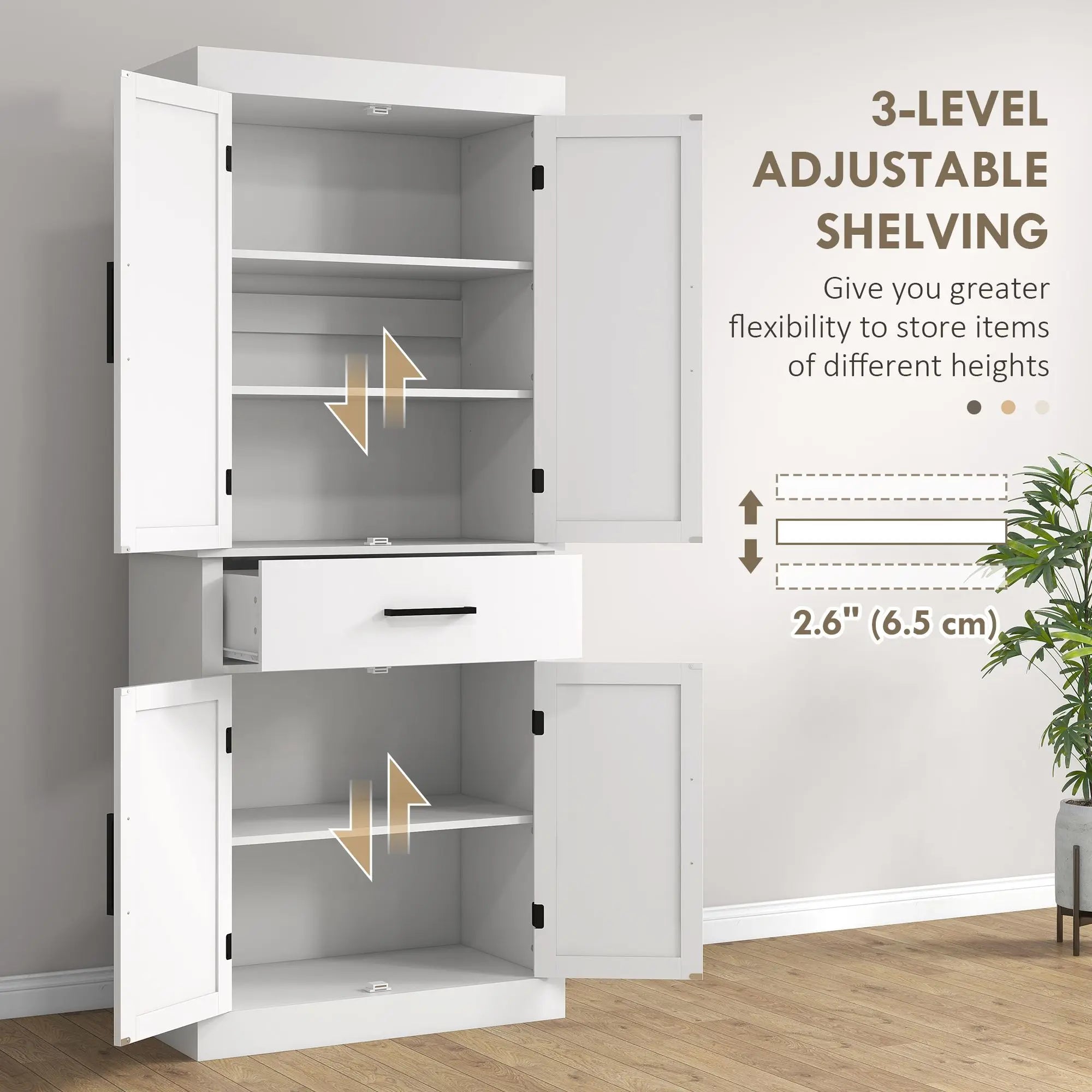 HOMCOM 72" Kitchen Tall Cabinet, Freestanding Pantry Storage with Barn Doors & 5 Adjustable Shelves for Home, Dining Room, White