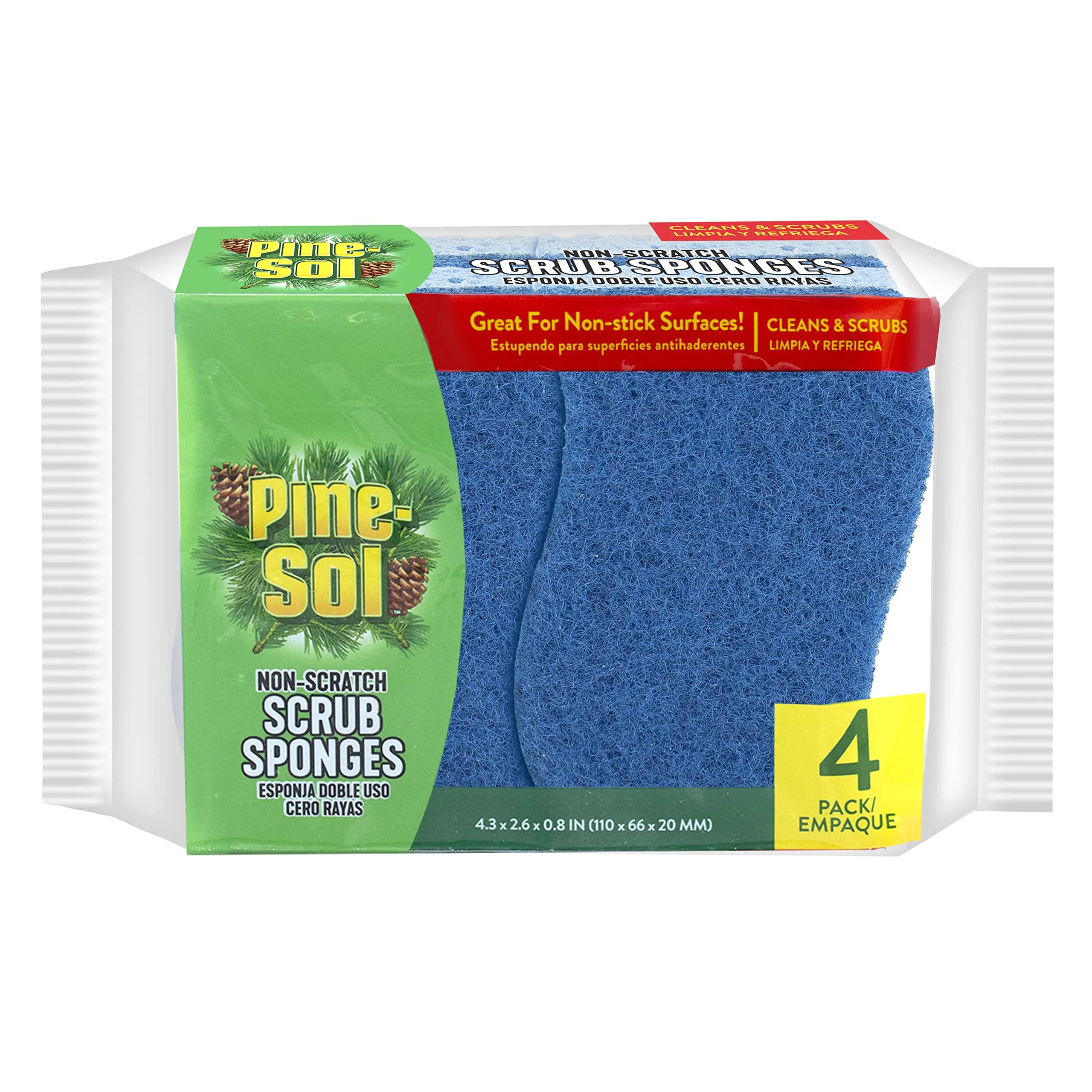 Pine-Sol Non Scratch Scrub Sponges - Double Sided Dish Scrubber Safe for Nonstick Cookware - Kitchen Essentials for Dishwashing and Cleaning 4 Pack Blue