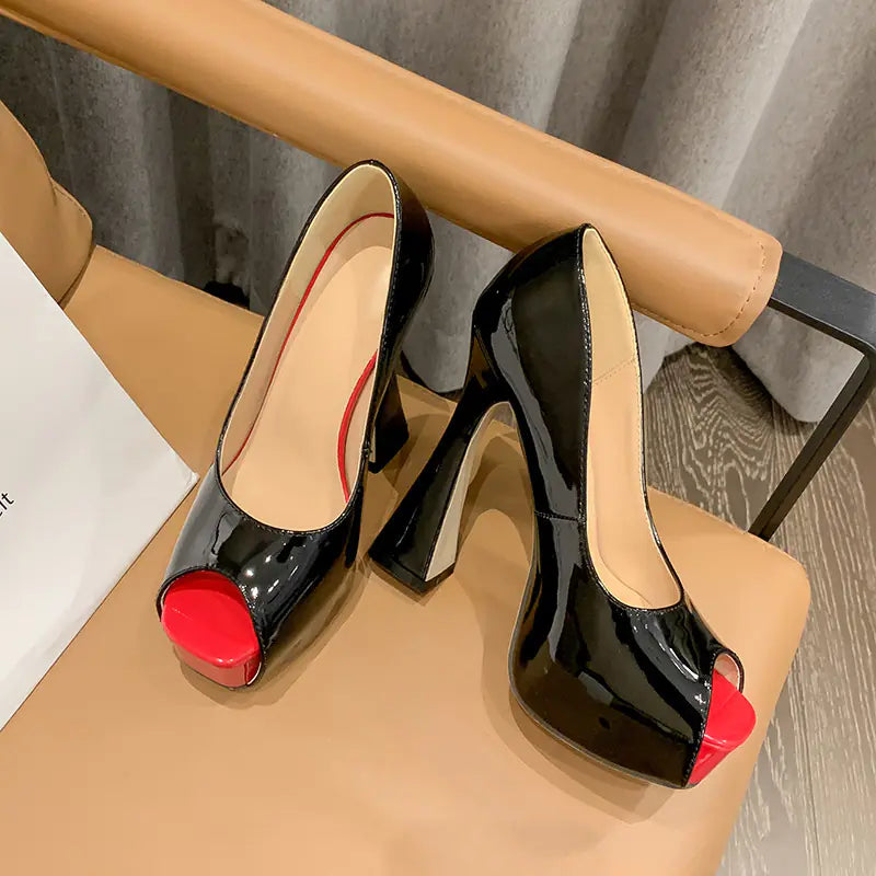 Fish-mouth Lacquered Thick Heel Footwear