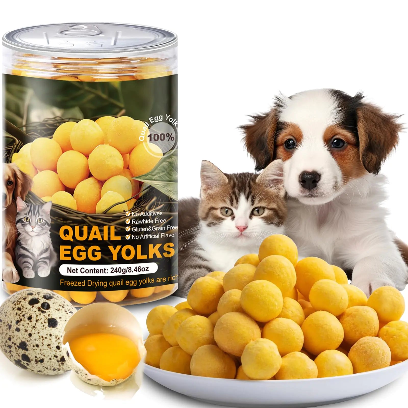 Flyjobs Freeze-Dried Quail Egg Yolk Snacks 8.46oz for Cats and Dogs Training Natural Pet Treats Limited Ingredient Quail Egg Yolk Healthy Tasty Freeze-Dried Pet Food for Dogs Cats