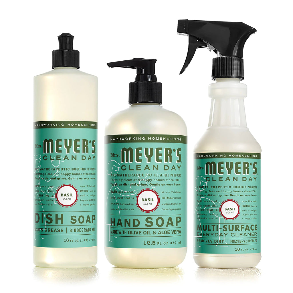 MRS. MEYERS CLEAN DAY Kitchen Essentials Set Includes: Hand Soap Dish Soap and All Purpose Cleaner Basil 3 Count Pack